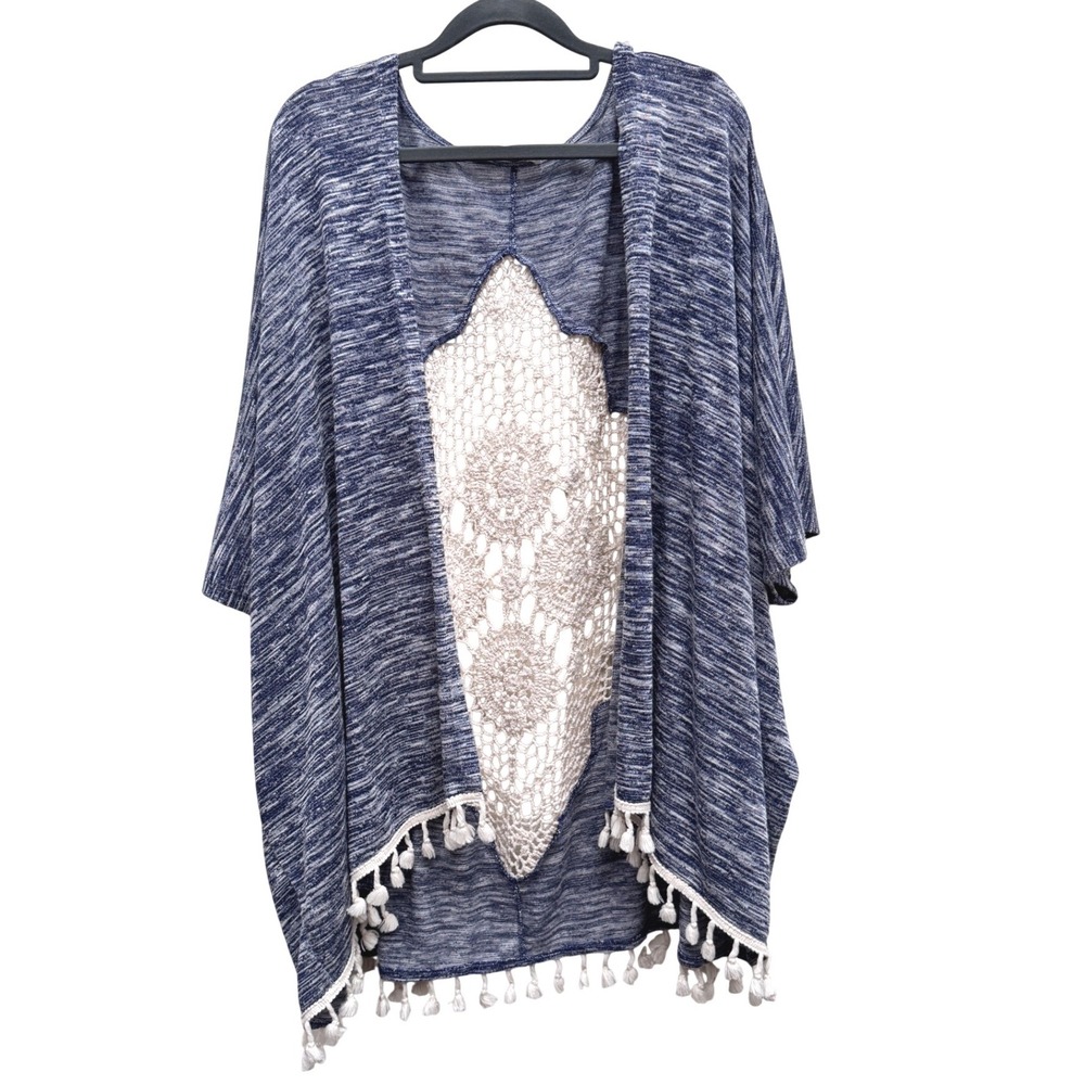 BD Collection Kimono Crochet Back Tassel Blue Large Boho Beach Cover Up - Picture 3 of 7